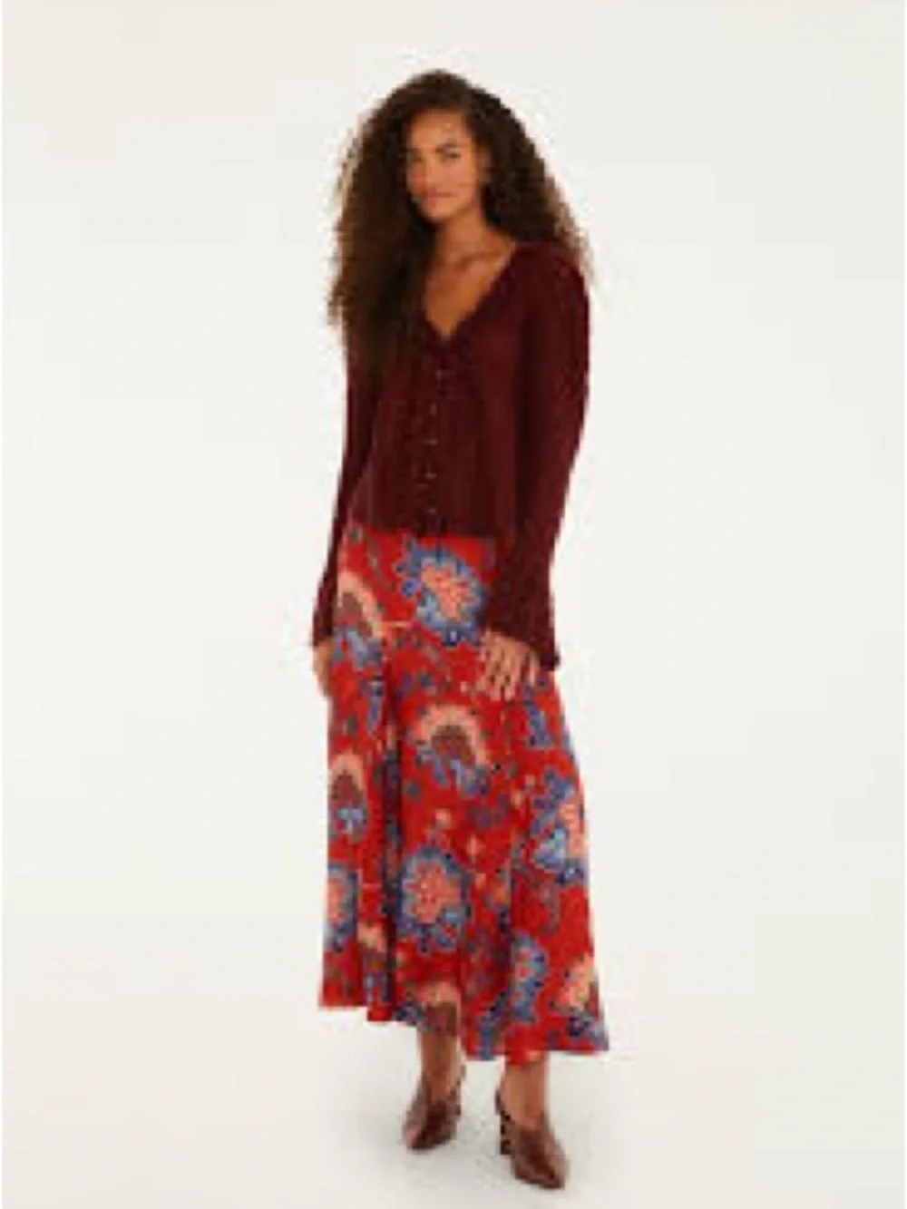 FARM Rio Red Floral Maxi Skirt with Blue Accents